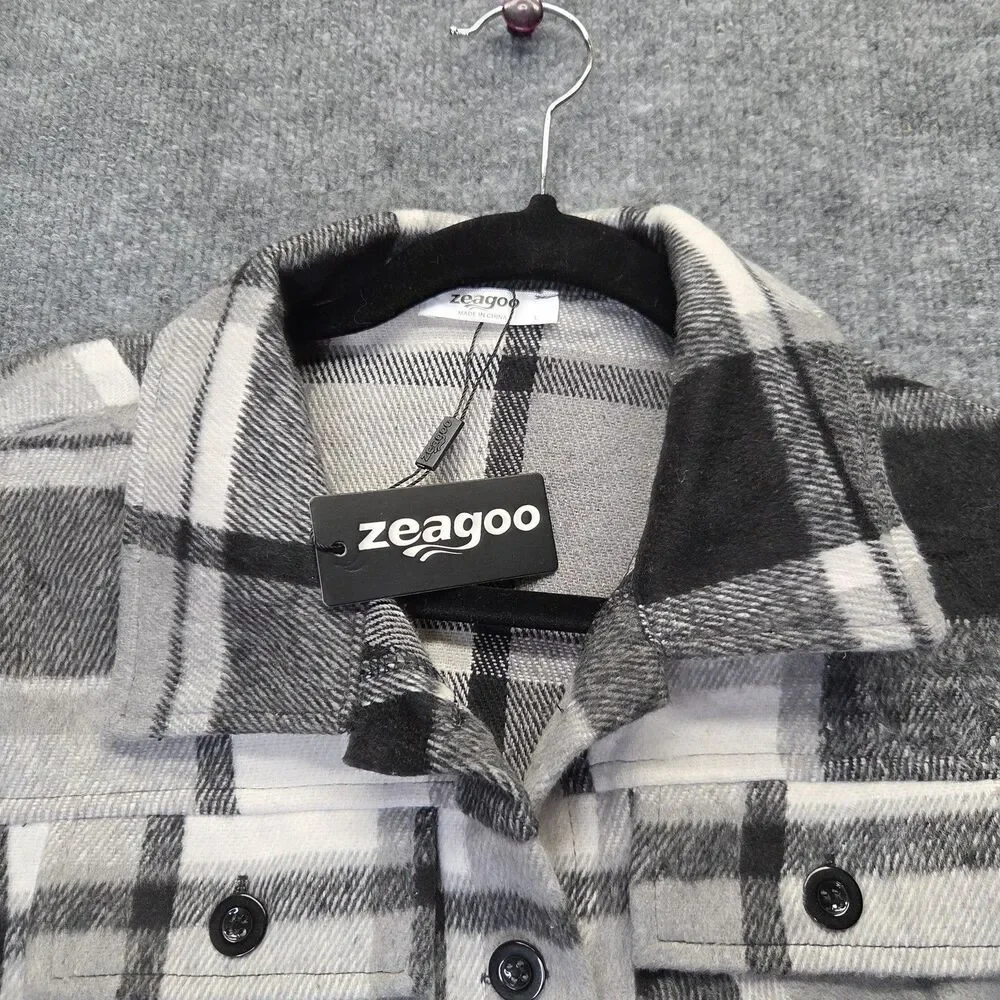 Zeagoo Jacket Womens Large Black Gray Plaid Flannel Cropped Shacket Button